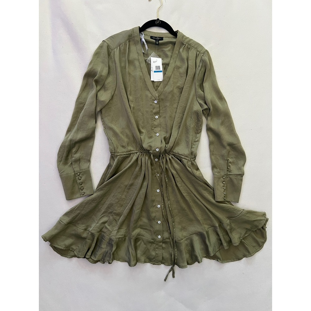 Jessica Simpson Shiloh Mini Dress Dried Herb Green Satin Button Front XL NWT